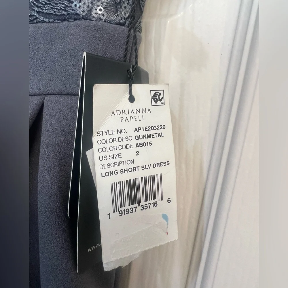 Adrianna Papell‎ Formal Dress Gown Gray Floral Embroidery  Ruffle Side Slit 2 - Picture 12 of 15